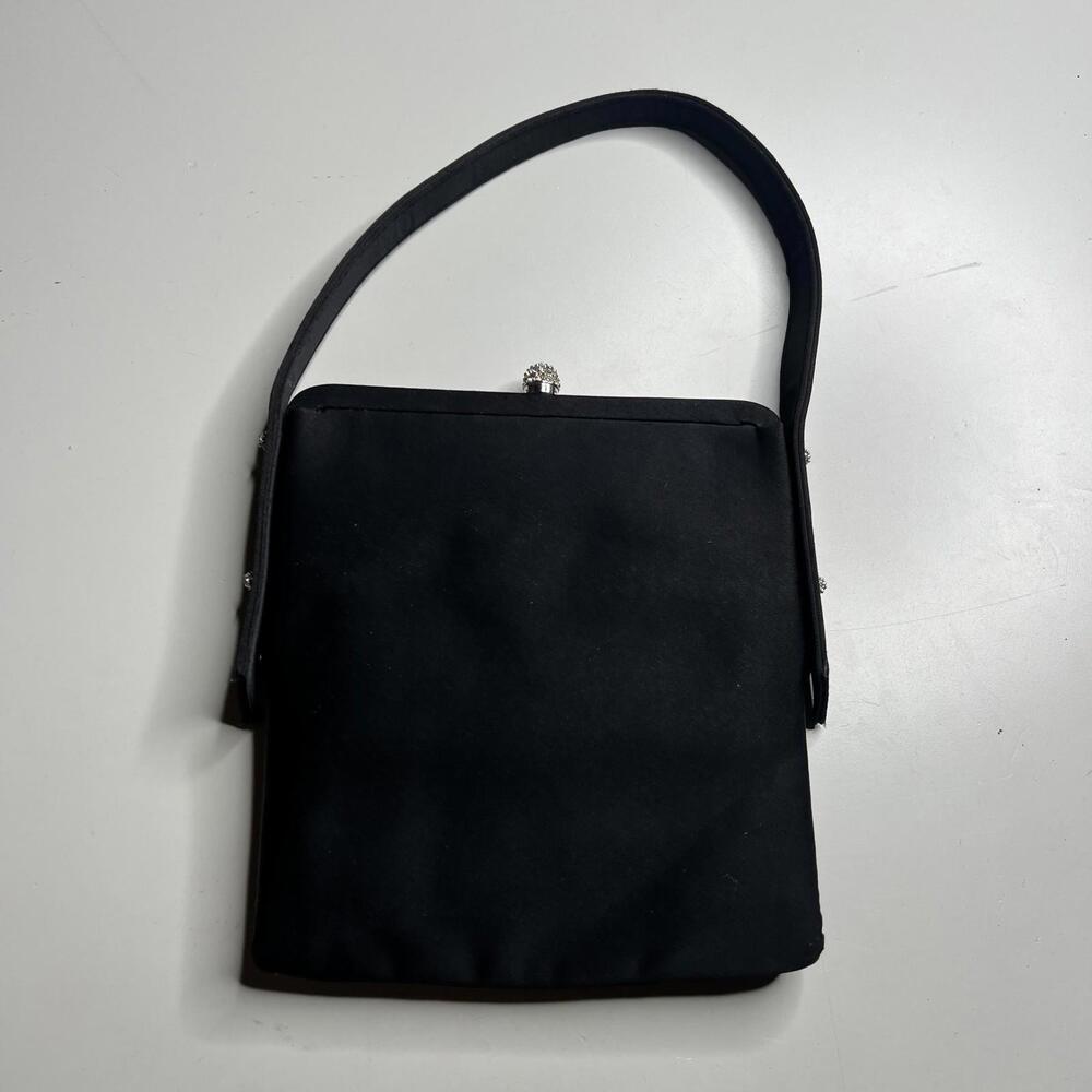 Vintage Lewis Top Handle Bag Womens Small Black Satin Rhinestone Purse Evening - Picture 3 of 7